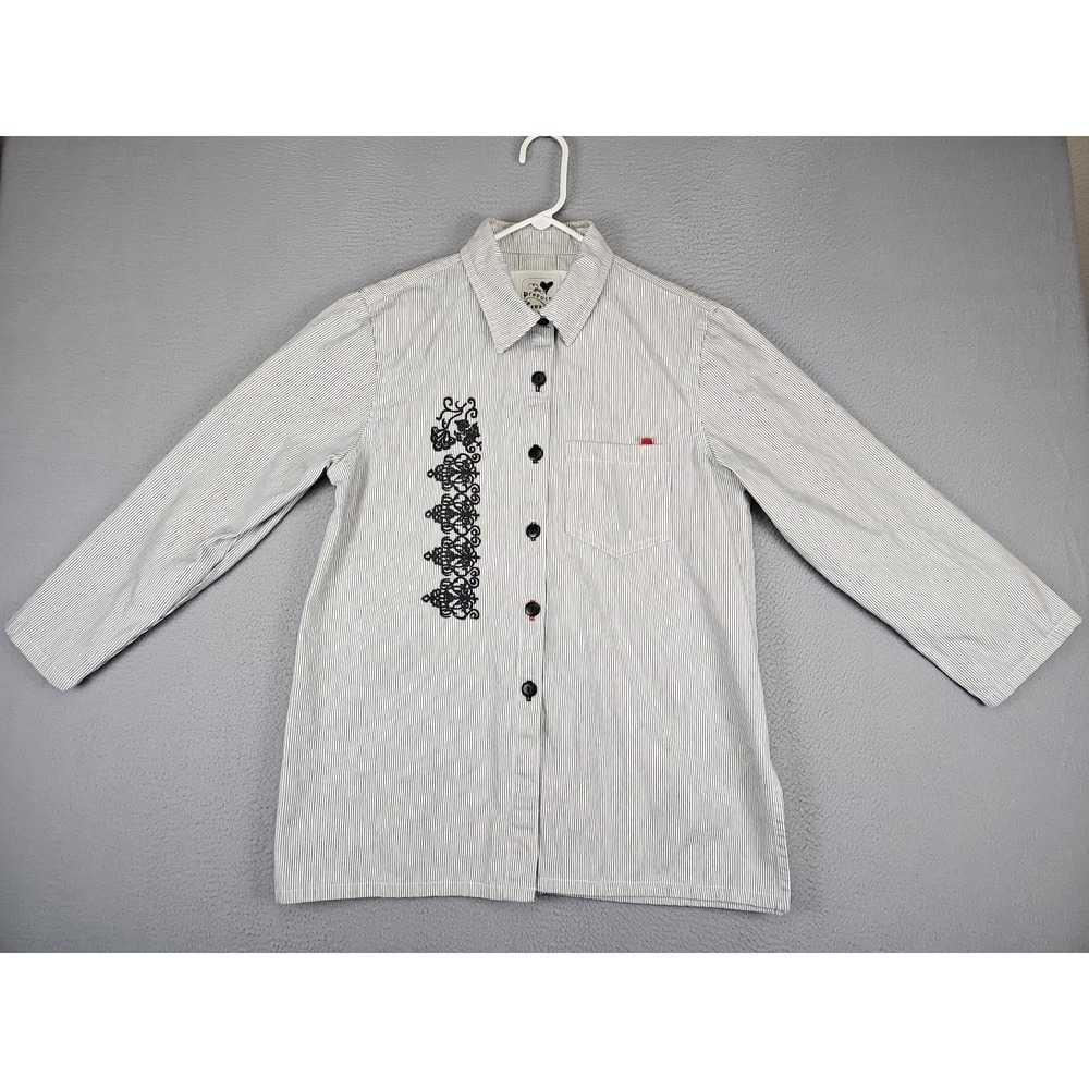 Produce Company 3/4 Sleeve Button-Down Shirt Women's Small Blue Pin Striped USA